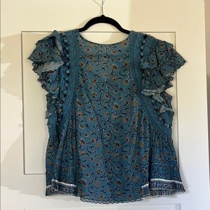 Sea New York Blue Ruffled Flutter Sleeve Blouse